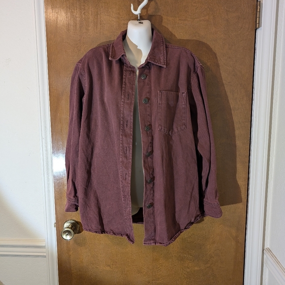 ASOS Denim Oversized Shacket Red Maroon Cotton Shirt Button Jacket - Picture 2 of 7